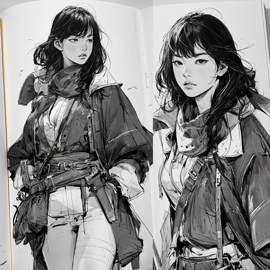 A black and white ink drawing of a young woman with long hair wearing a layered outfit with belts, pouches, and a scarf, shown in two different poses on adjoining pages