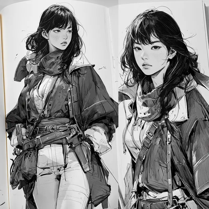 Detailed black and white sketch of a young woman in layered clothing with accessories