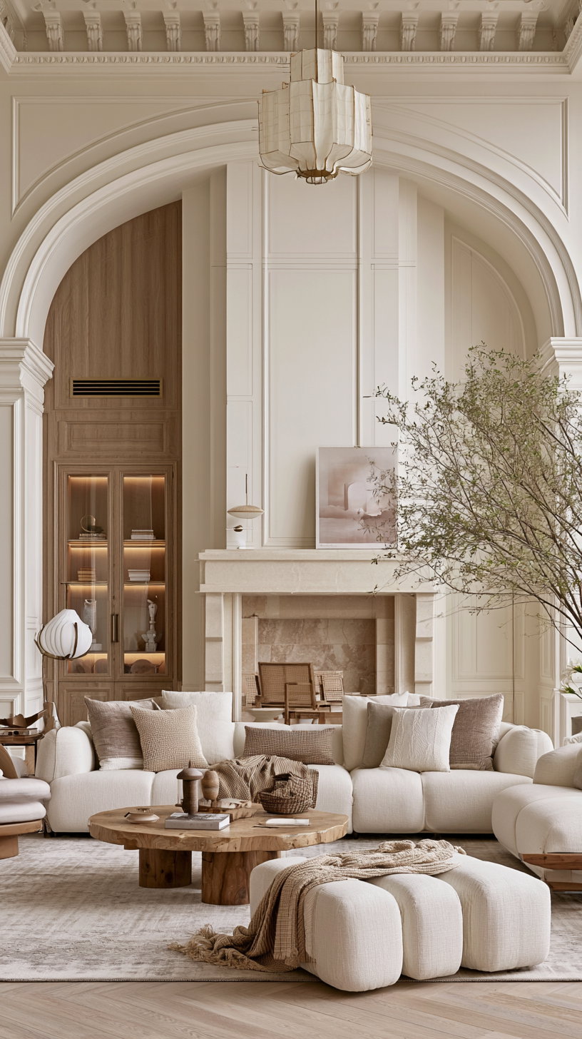A cozy living room featuring a large neutral-colored sectional sofa with beige and brown pillows, a round wooden coffee table, a light-colored ottoman with a throw blanket, an arched doorway, ornate crown molding, a fireplace with a light stone surround, and a display cabinet with shelves in the background.