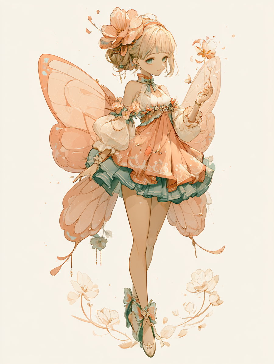 An illustration of a fairy-like girl with large butterfly wings, dressed in a layered pastel dress adorned with flowers, holding a flower-shaped object, surrounded by floral elements