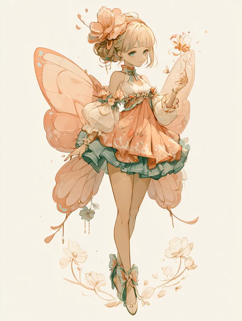 Delicate fairy character with butterfly wings and floral attire in soft pastel tones