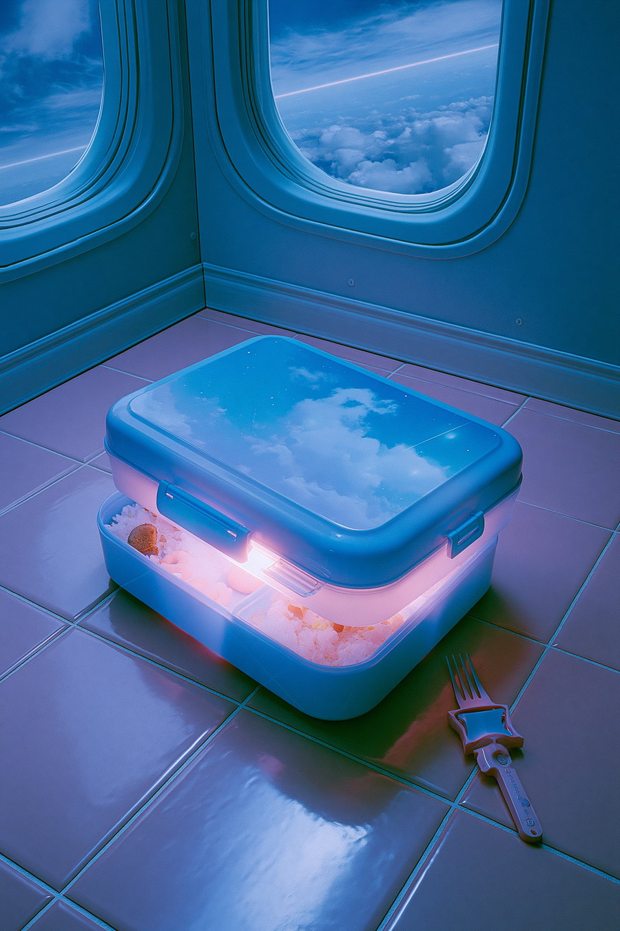 A glowing lunchbox with a reflective sky design sits on a tiled floor near airplane windows showing clouds outside, accompanied by a fork