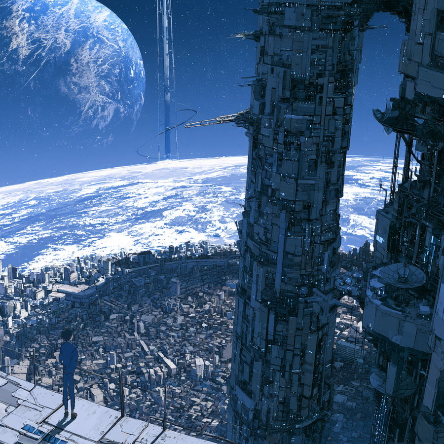 A person standing on a platform overlooking a large, densely packed futuristic city surrounded by immense towers, with a large planet and space visible in the background