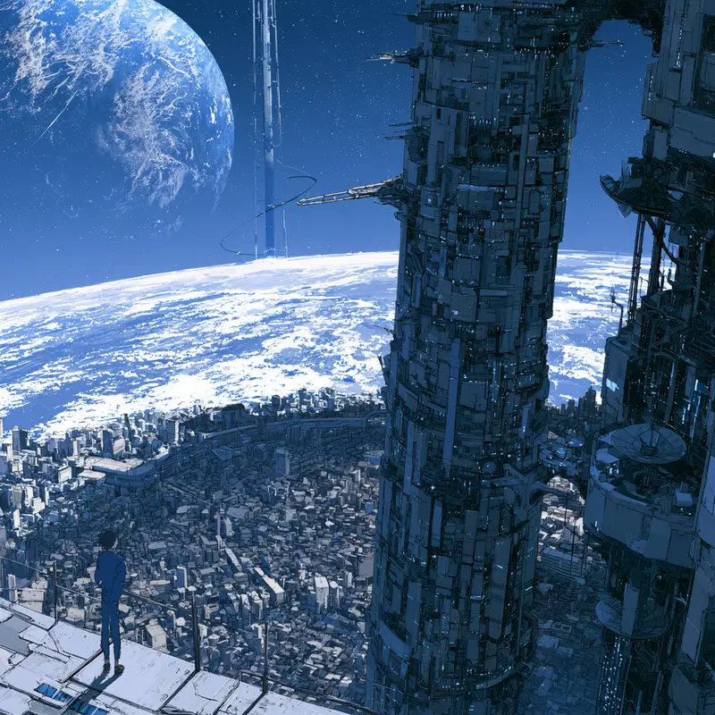 Futuristic sci-fi cityscape with towering structures and planets in the sky
