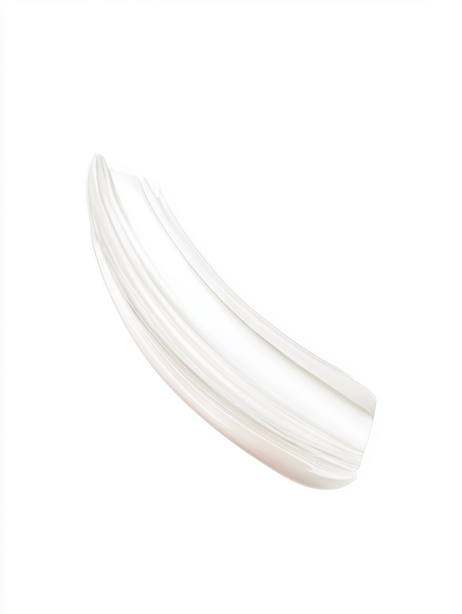 A single white paint stroke with subtle texture on a plain white background