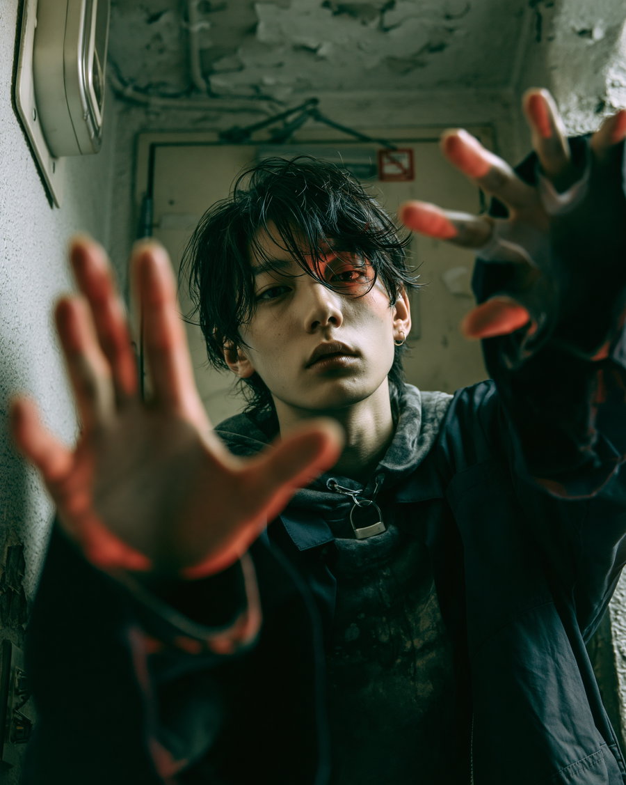 A close-up portrait of a young person with dark tousled hair, wearing a dark hoodie and jacket, reaching their hands toward the camera in a dimly lit room with textured walls and a closed door in the background.