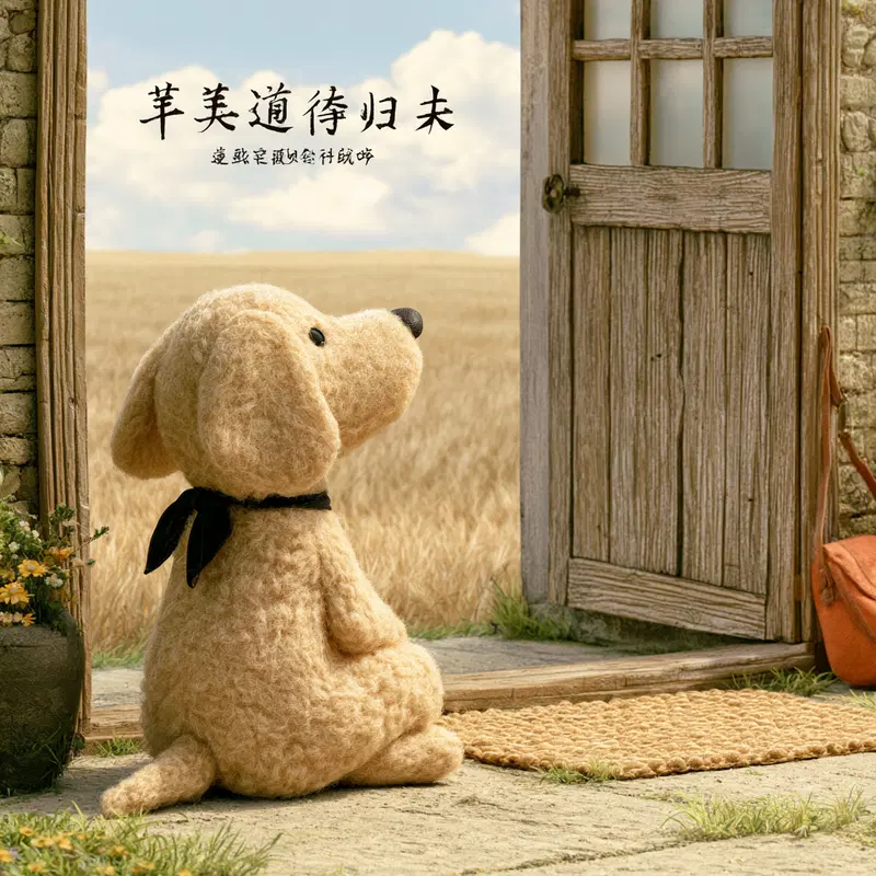 A detailed pencil drawing of a wooly dog sitting near a rustic open door