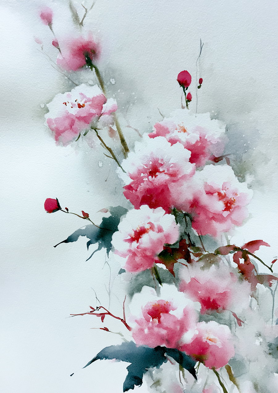 A watercolor painting of pink and white flowers on branches with green leaves, painted with soft, flowing brushstrokes and a light background.