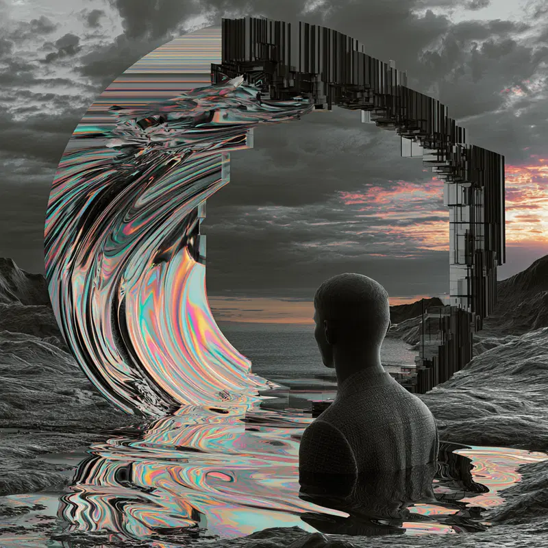 Digital surreal artwork of a figure facing a warped metallic ring structure by the water