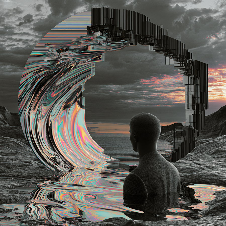 A digital surreal image showing a person from behind standing in water, facing a large warped metallic ring structure in a rocky landscape under a cloudy sky at sunset.