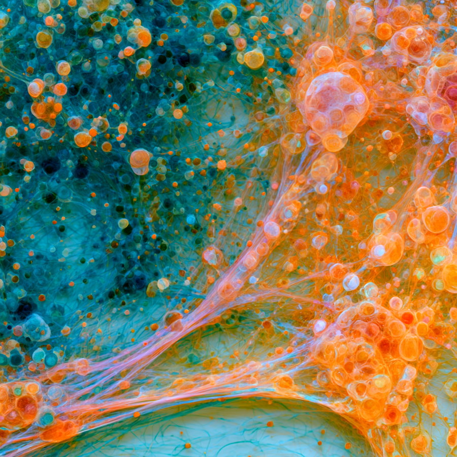 An abstract image featuring vibrant orange and blue interconnected shapes and bubbles resembling biological cells or microscopic organisms.