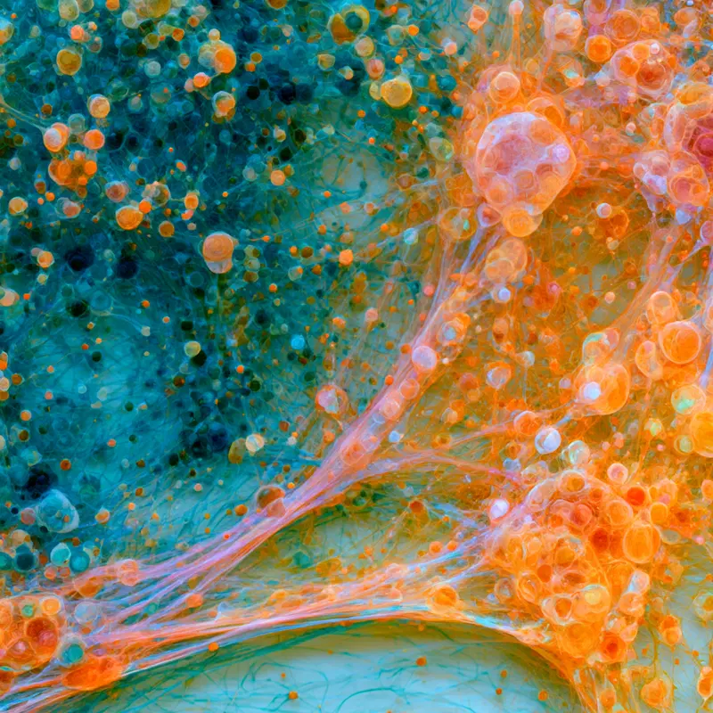 Colorful interconnected abstract shapes resembling organic cellular structures