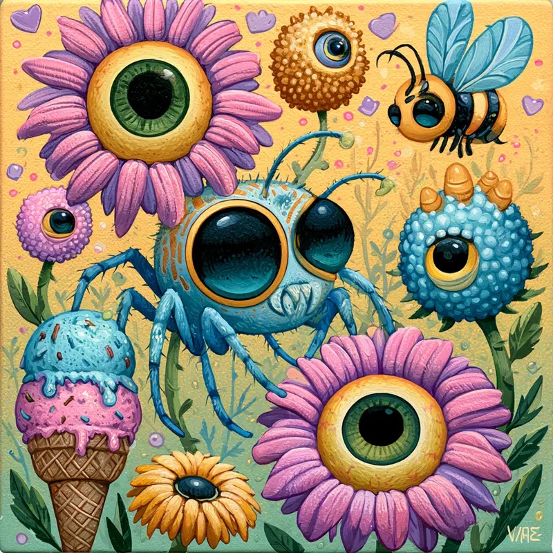 Surreal scene with giant-eyed flowers, a large bug, and a bee hovering