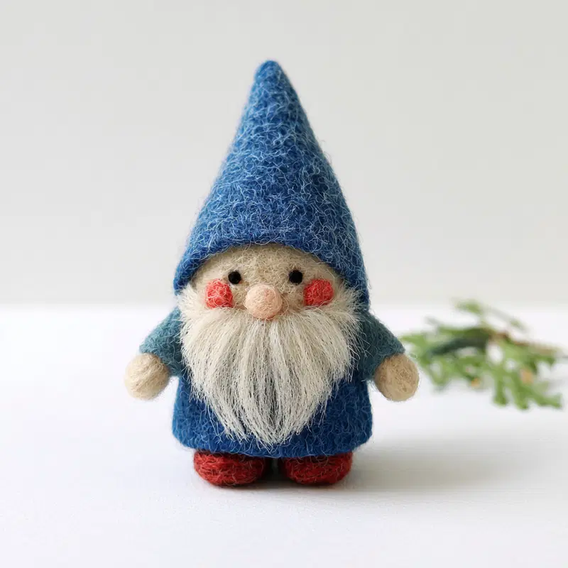 Cute handcrafted felt gnome with blue hat and white beard