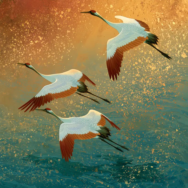 Elegant birds in flight against an artistic blue and orange textured background