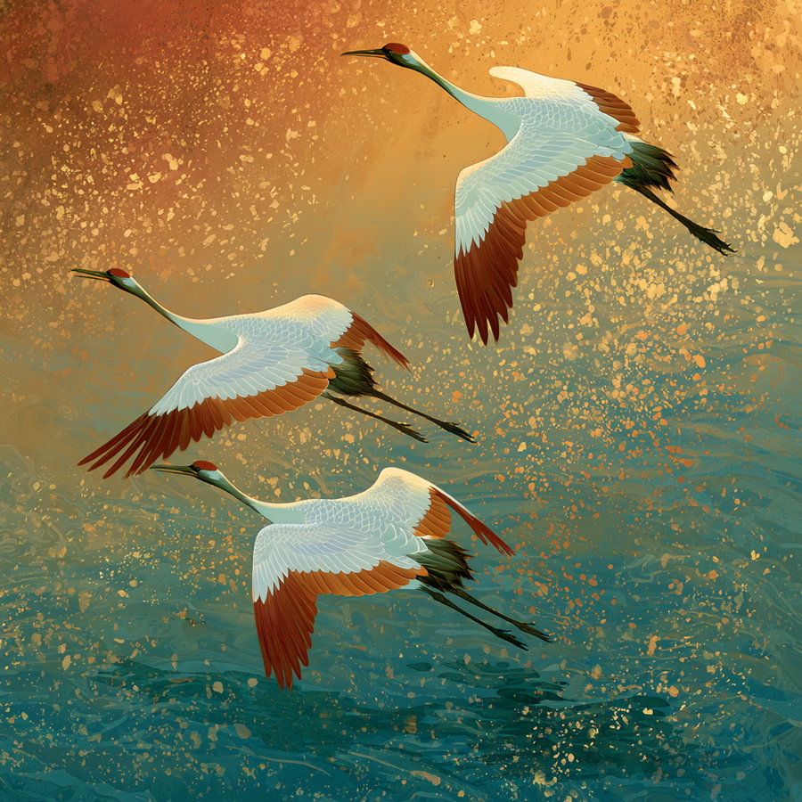 Three white and brown birds flying over a blue and orange textured surface with splashes of paint effect