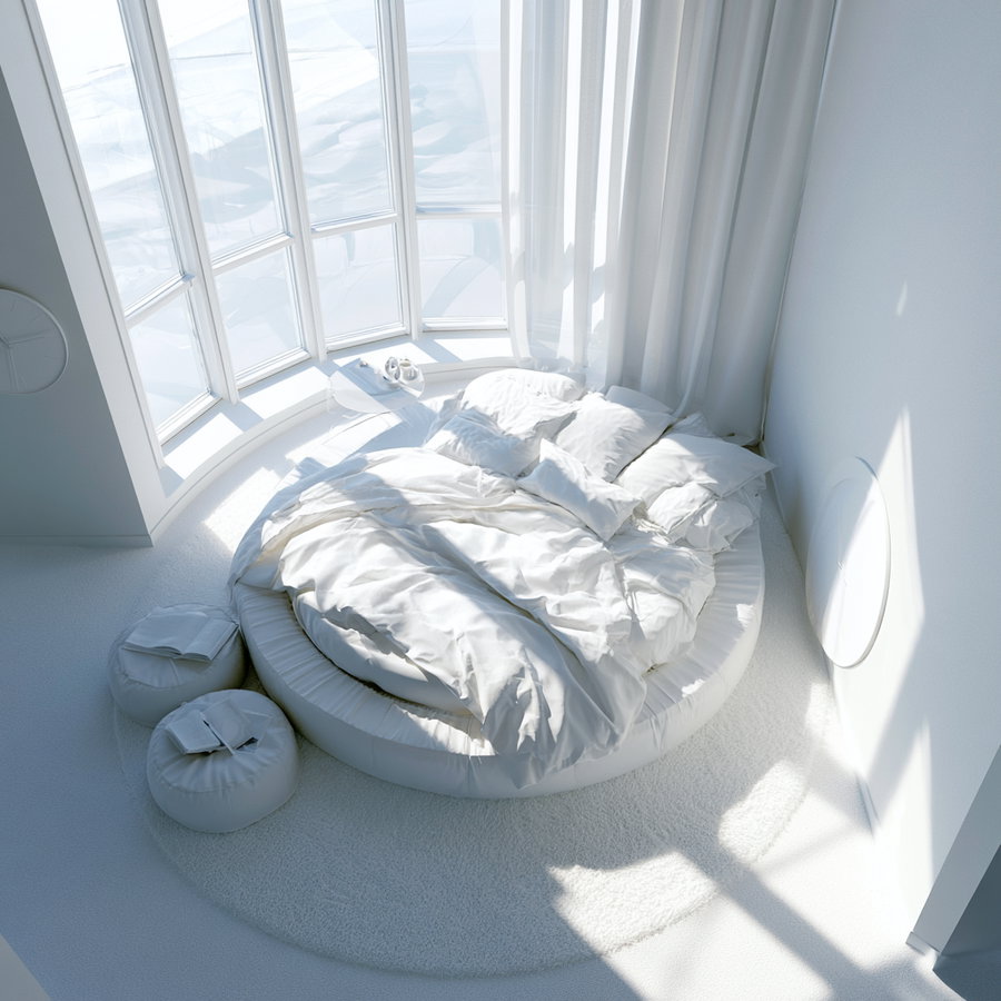 Bright white minimalist bedroom featuring a large round bed with rumpled white bedding, two round ottomans with open books, white carpet, and large curved floor-to-ceiling windows allowing sunlight to stream in.