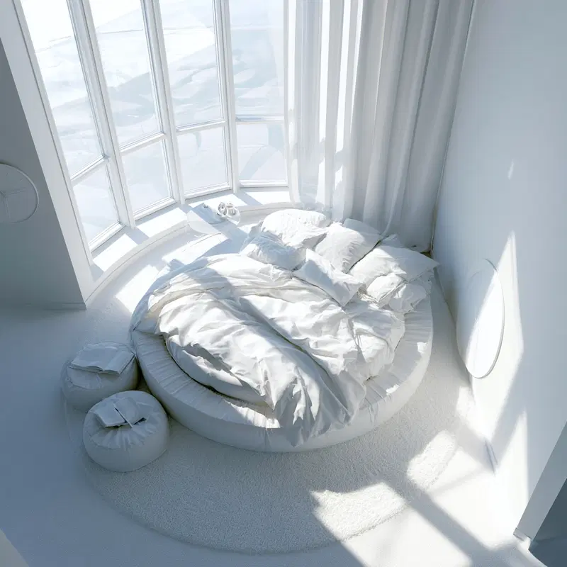 Minimalist bright white bedroom with round bed and large windows
