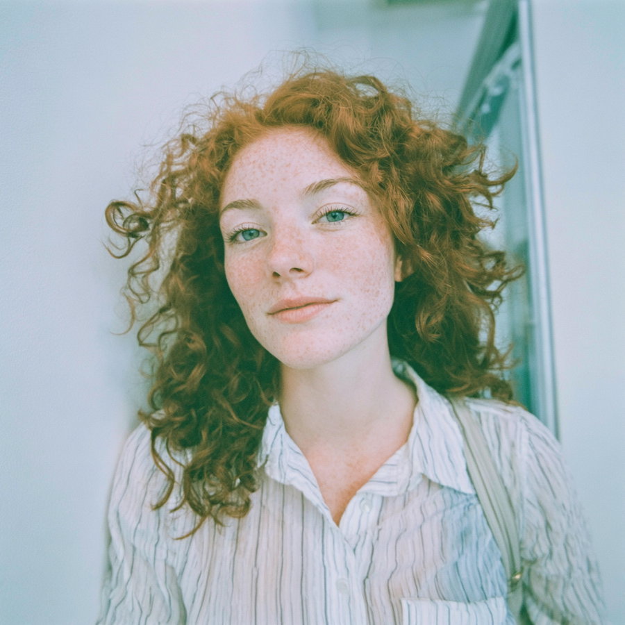 Close-up photo of a young woman with red curly hair, freckles, wearing a white striped shirt, standing against a light-colored wall