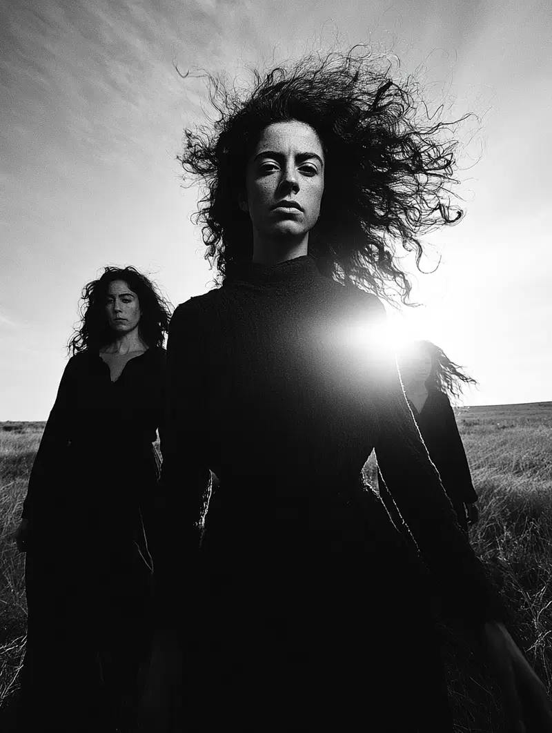 Moody black and white portrait of three women in a field with windblown hair
