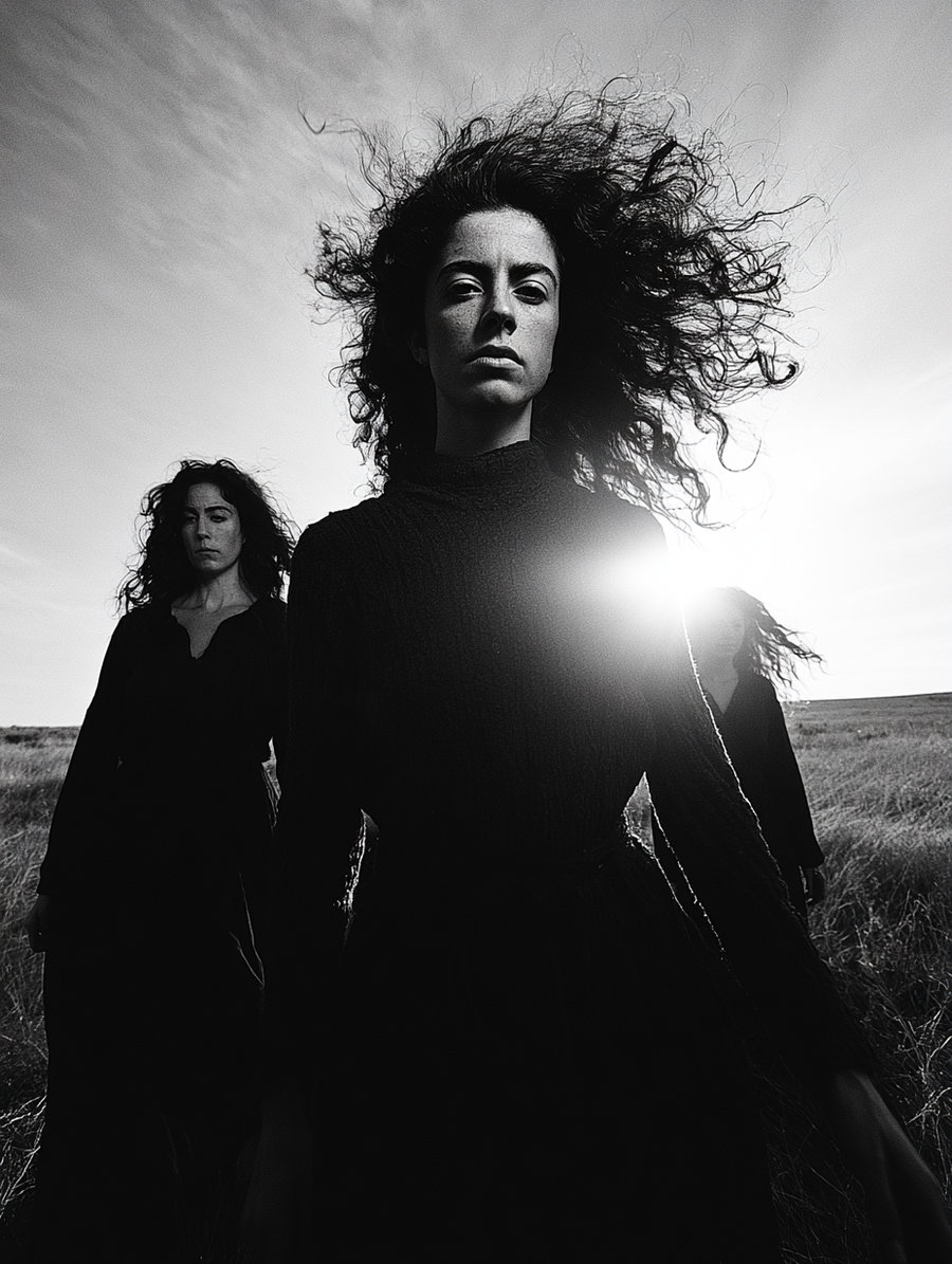 Black and white photo of three women with curly hair standing in a field, with one woman in the foreground and sun shining behind them.