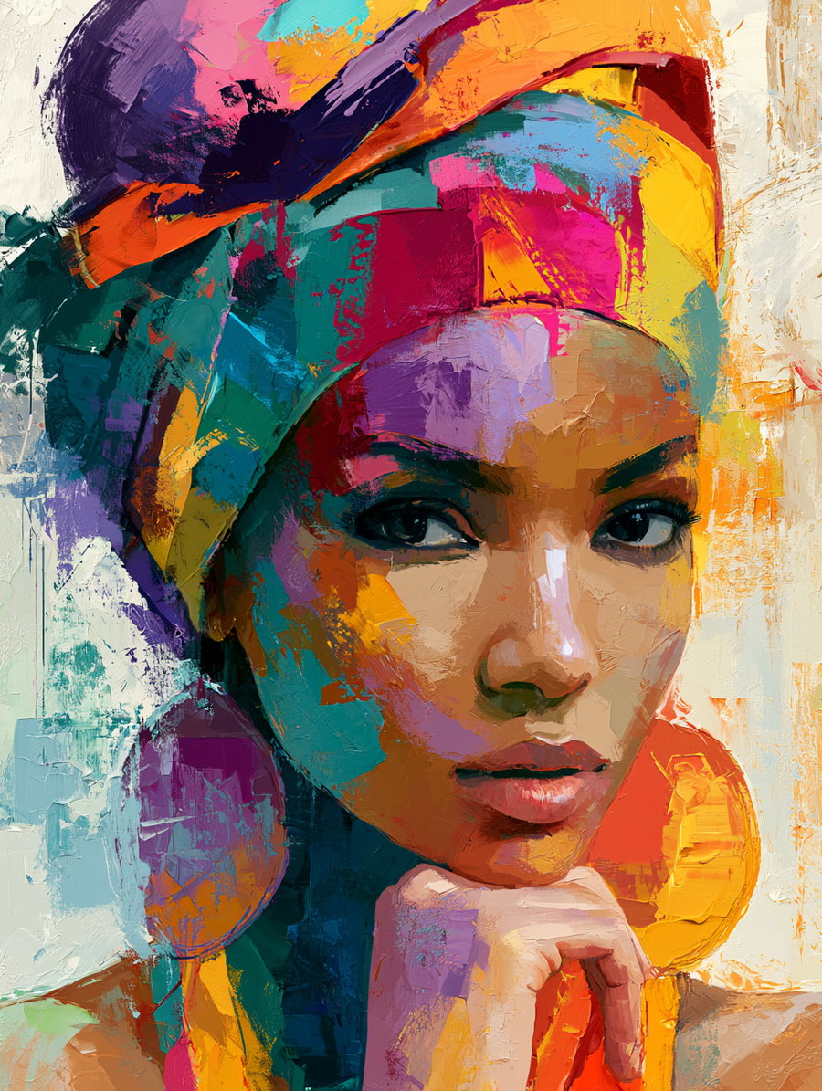 Oil painting portrait of a woman with multicolored headwrap and large circular earrings, detailed facial features and textured brush strokes