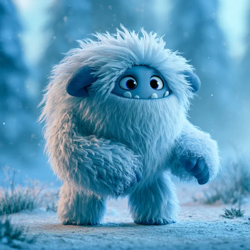 Cute furry snow monster standing in a frosty winter forest