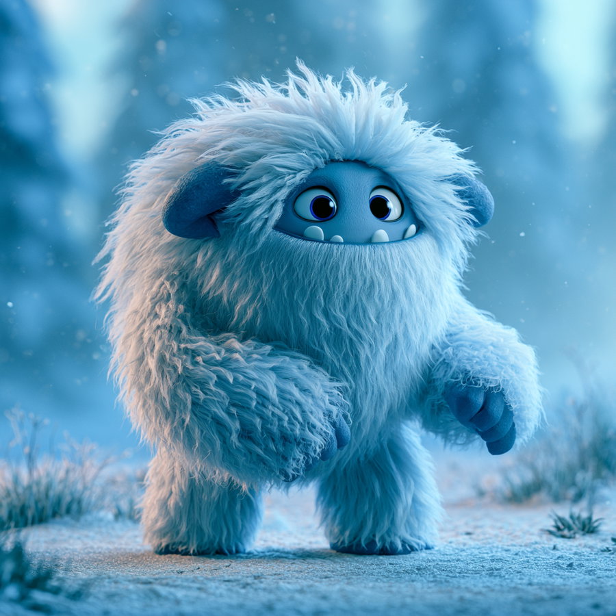 A blue furry cartoon-like snow monster with big eyes, large hands, and small ears standing on a snowy ground with some grass and blurred trees in the background