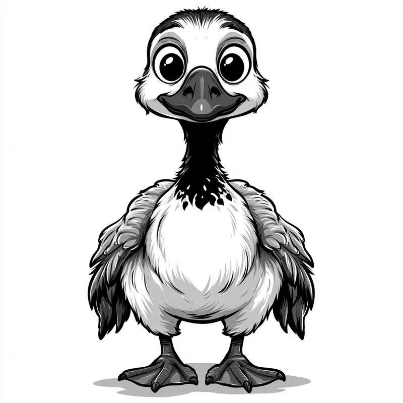 Cute detailed black and white cartoon character of a bird with big eyes