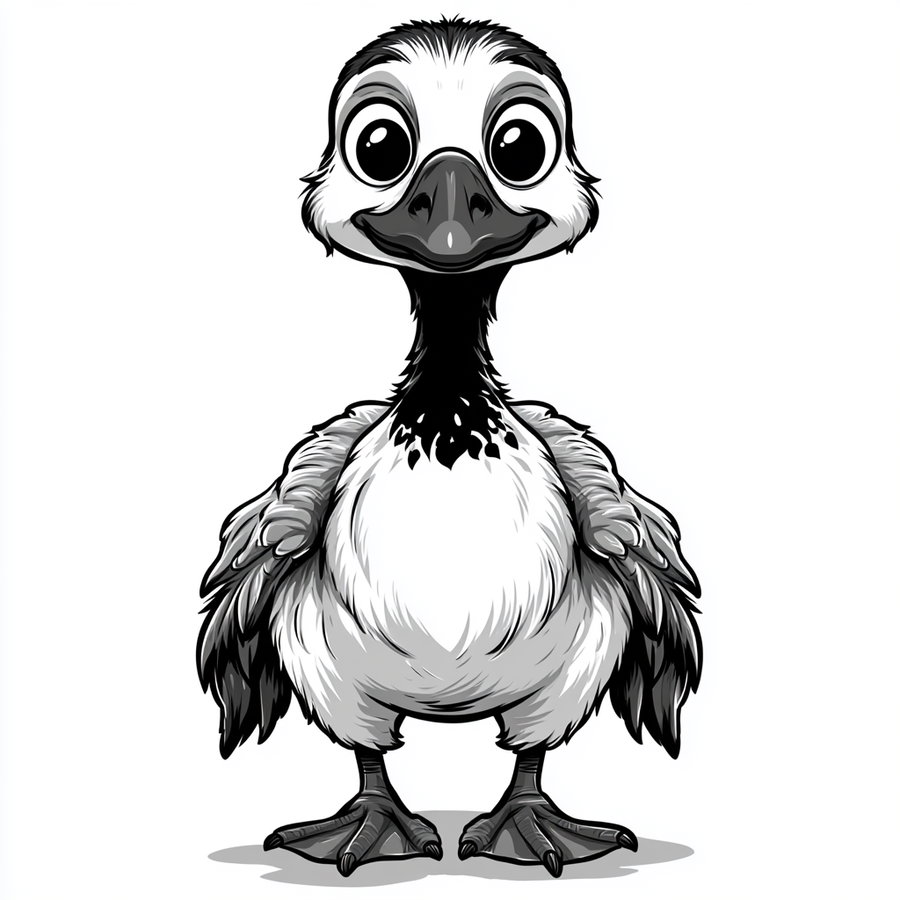 A black and white cartoon bird standing upright with large round eyes and a friendly expression on a white background