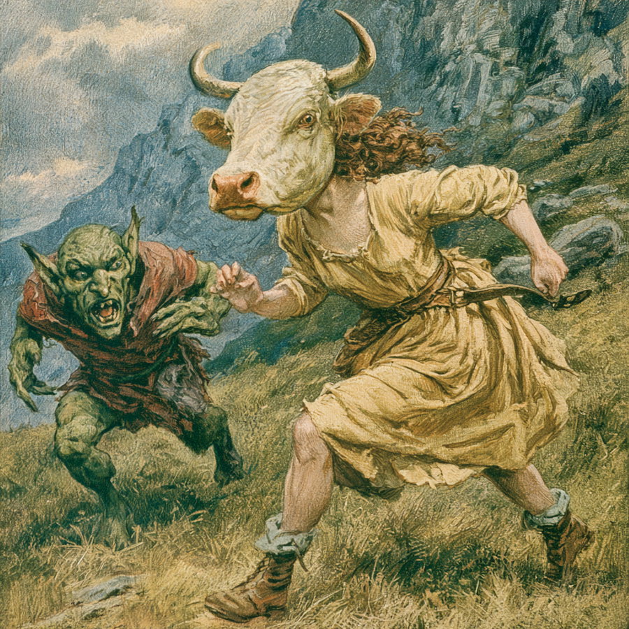 A woman wearing a yellow dress with a bull's head is running on grassy terrain with rocky hills in the background, while a goblin-like creature chases her.
