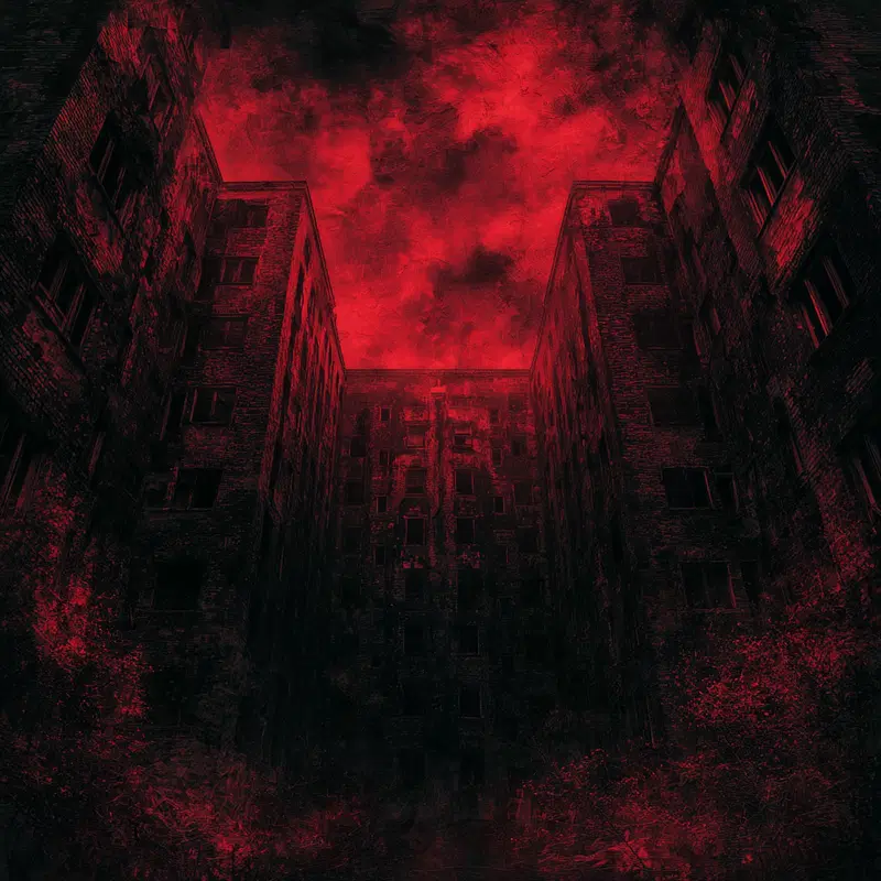 Dark ominous towering buildings under a fiery red stormy sky