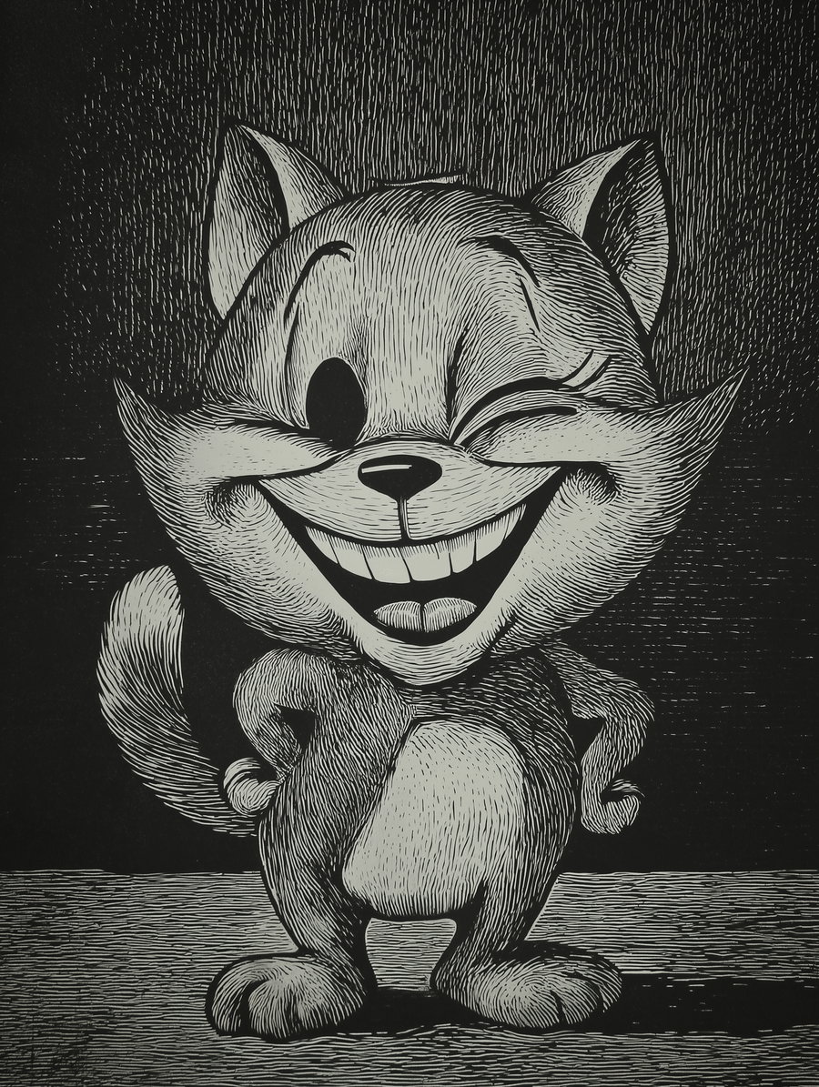 1950s cartoon cat engraving with a big smile and wink