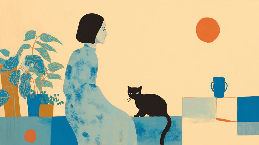 Abstract Japanese woman and cat exploring indoor plants