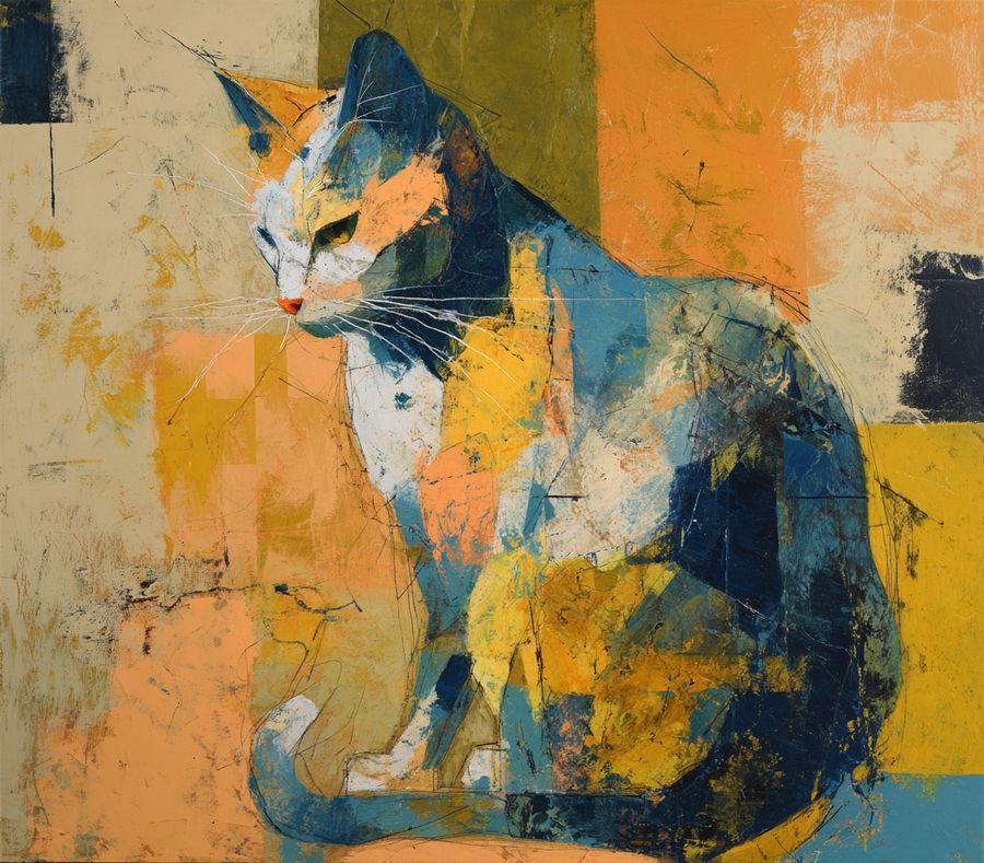 Abstract oil painting of an old cat in orange and blue