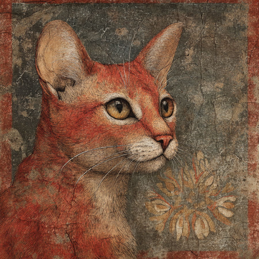 Red Abyssinian cat depicted in ancient Roman mural style