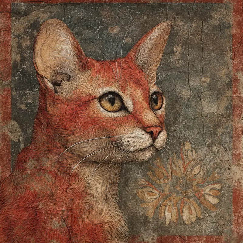 Ancient Roman Mural Style Art of a Red Abyssinian Cat