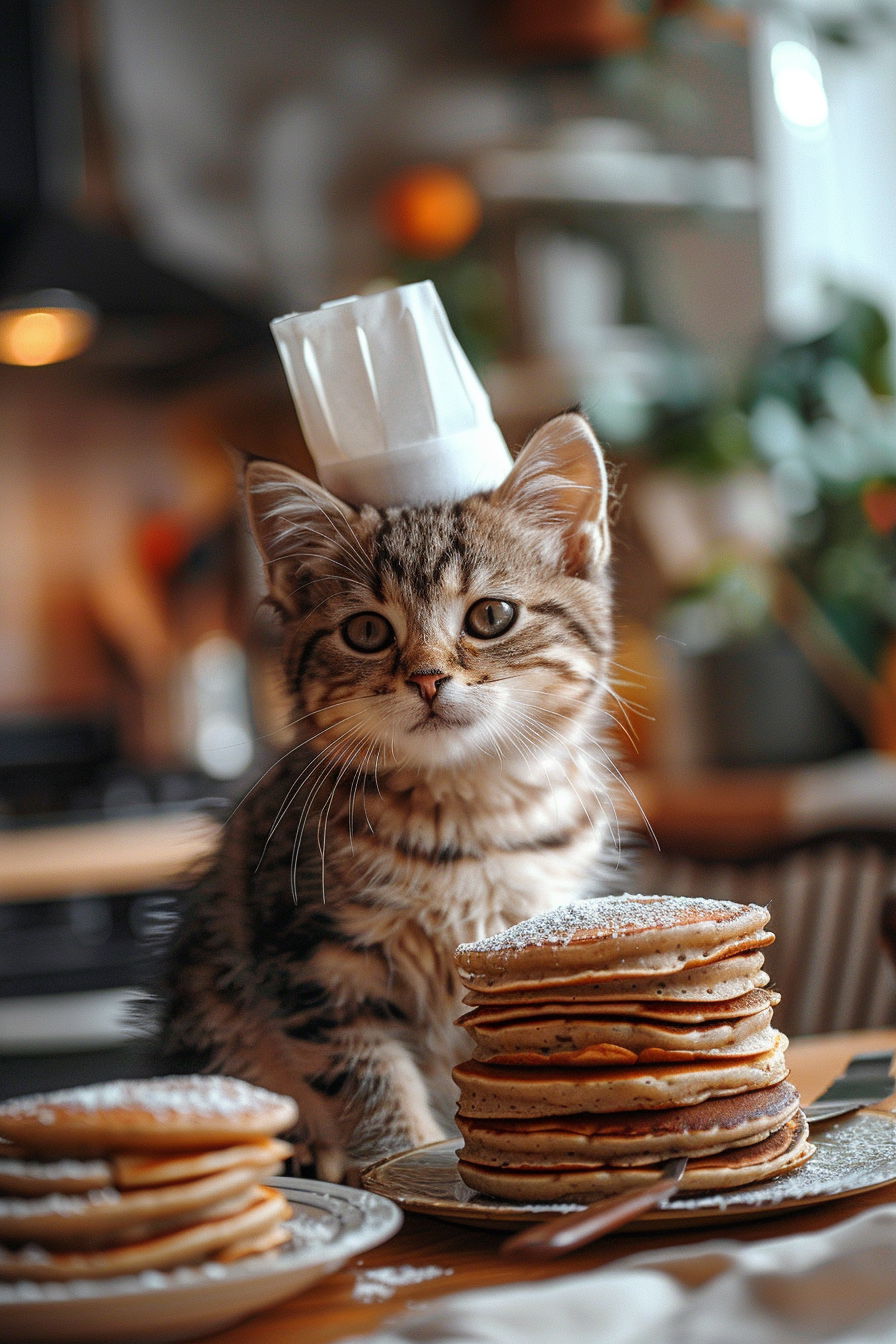 Adorable kitten chef beside fluffy pancake stack in kitchen