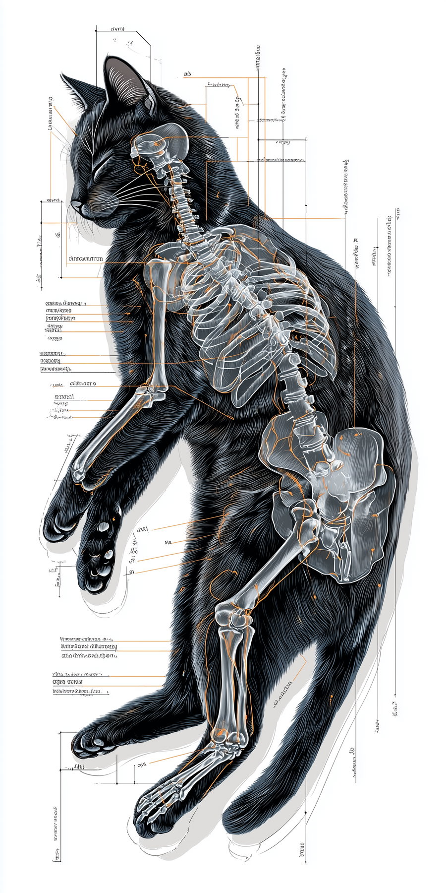 Anatomical diagram of a black Bombay cat dozing