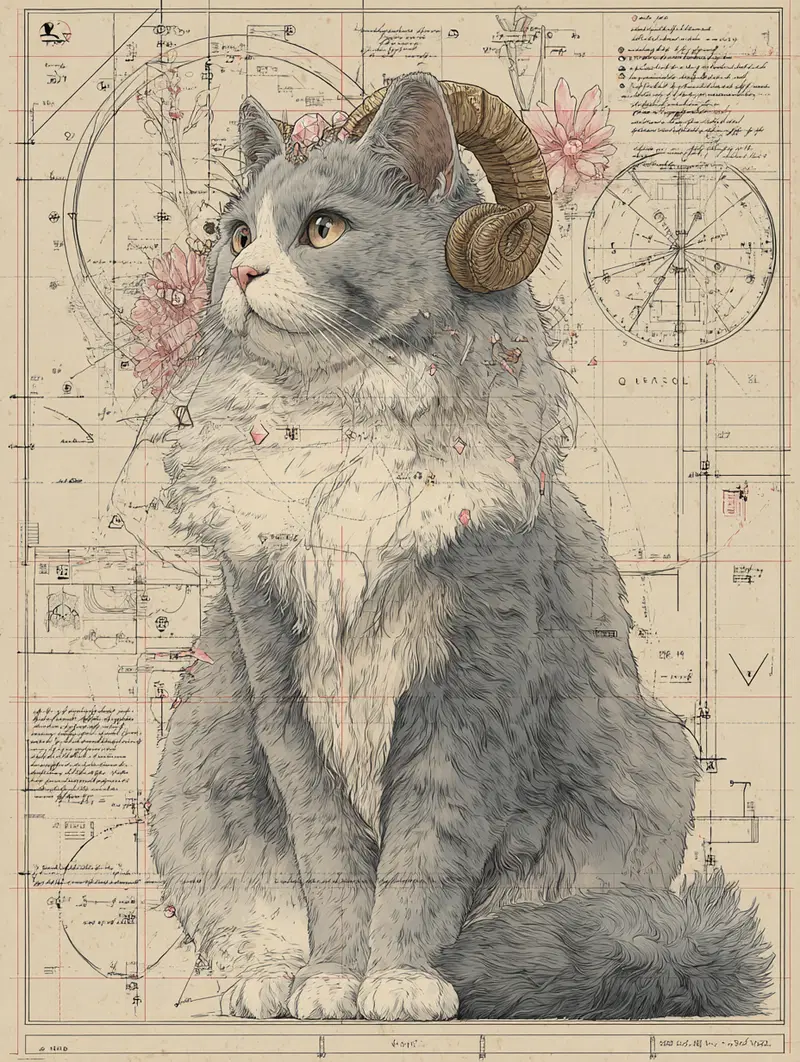 Anatomical Cat Art: Crystal Accents and Zodiac Aesthetics