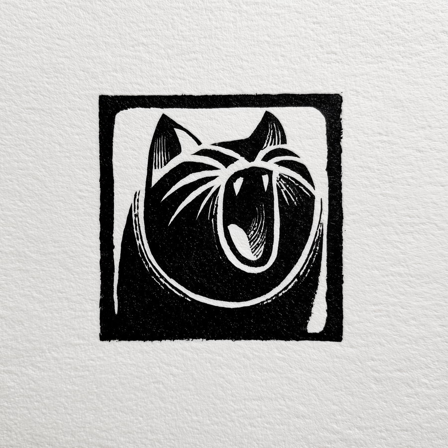 Angry crying cat linocut logo on white background
