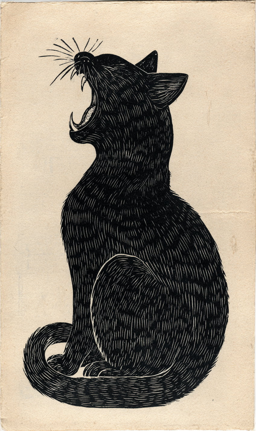 Angry cat woodcut illustration in black and white ink