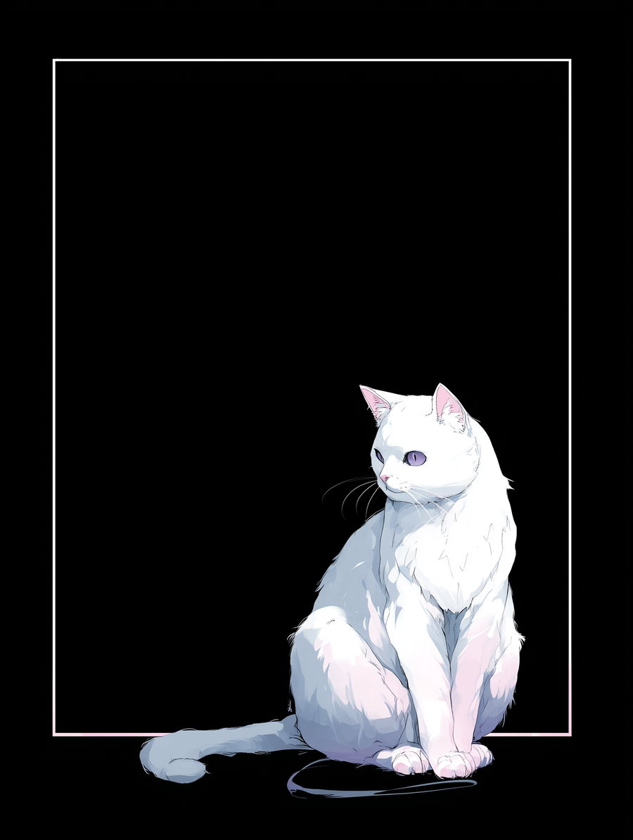 White cat in anime style on black background