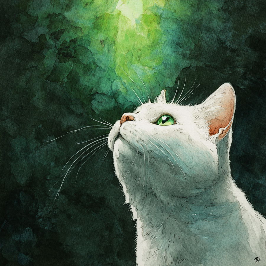 White cat gazing upward with green glow above