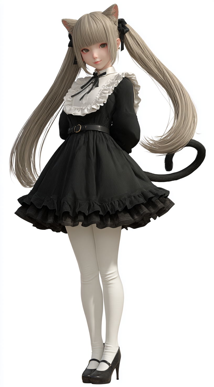 Anime cat girl in black dress and white tights