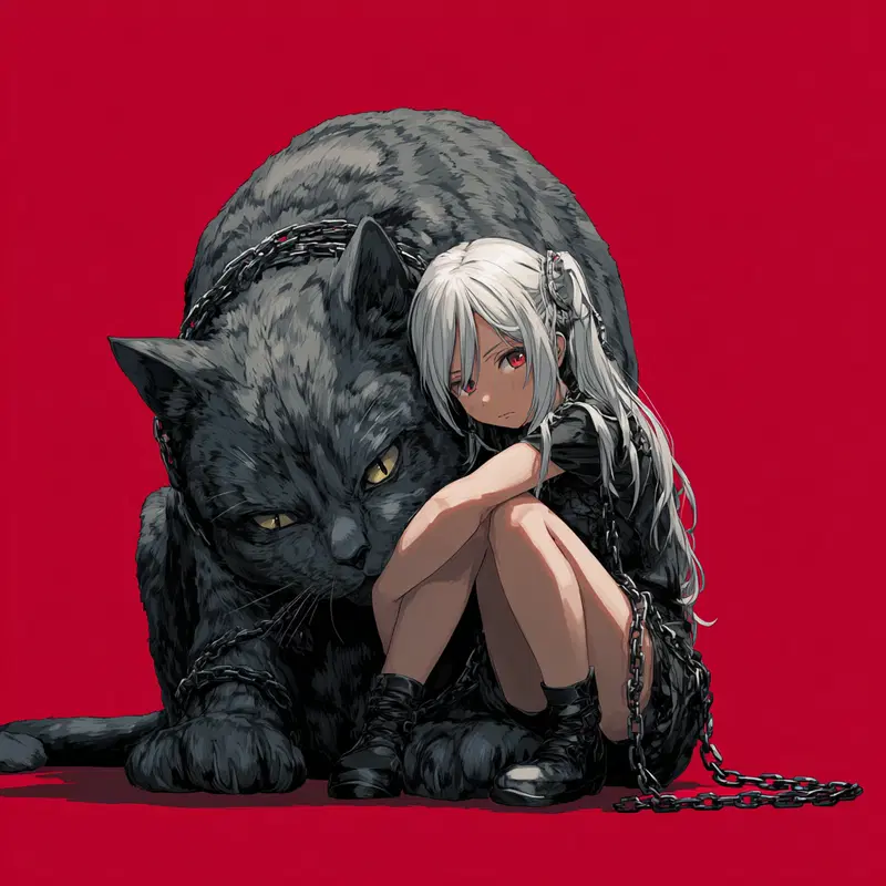 Anime-Inspired Aesthetic: Silver-Haired Girl and Dark Cat Art
