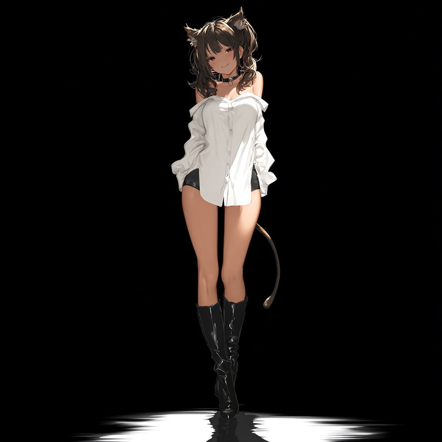 Cute cat woman in white shirt and high heels