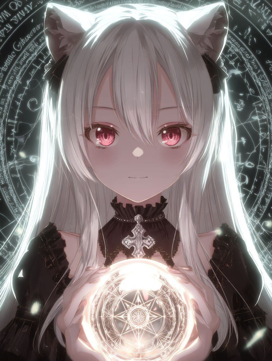 Magical anime girl with platinum hair and glowing crystal orb