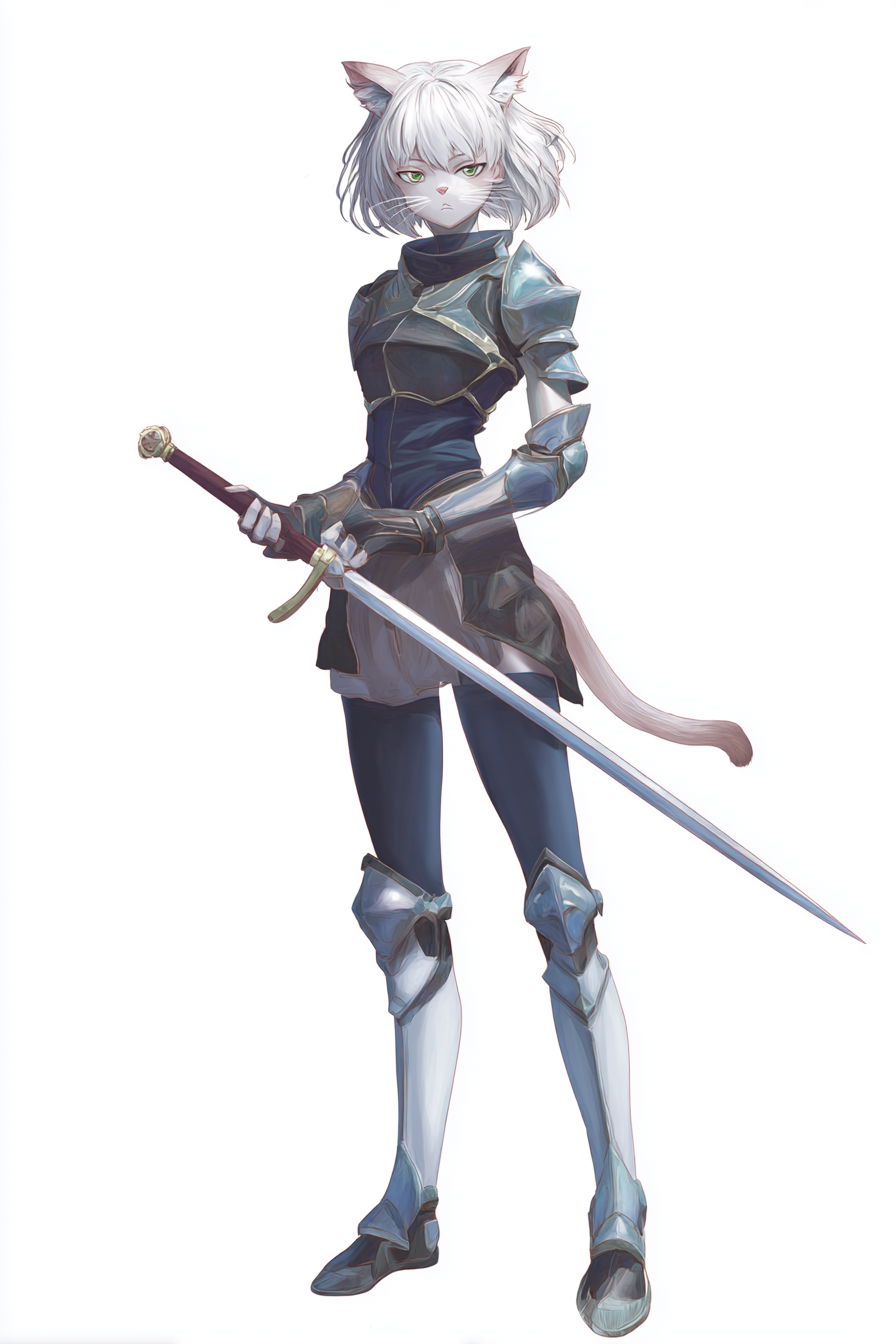 Anime kemonomimo girl in fantasy armor wielding longsword