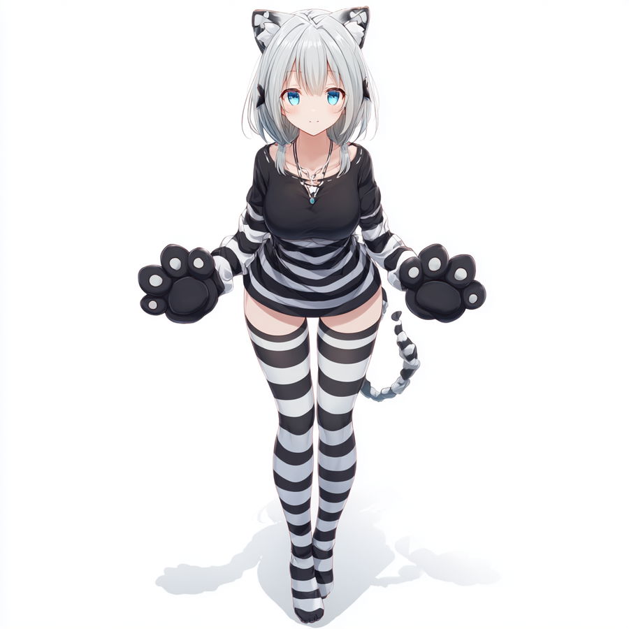Cute neko girl in striped tights with silver hair